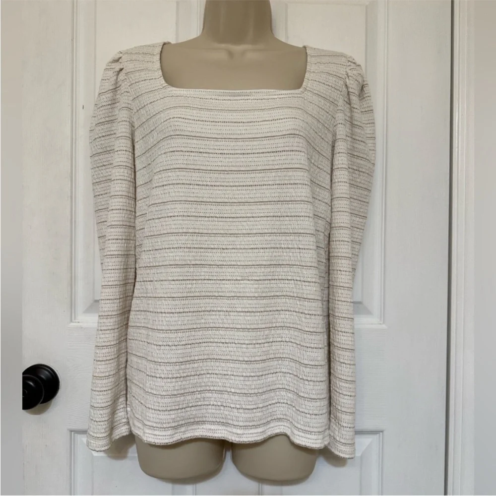 LOFT Gold Shimmer Square Neck Puff Sleeve Knit Top Large